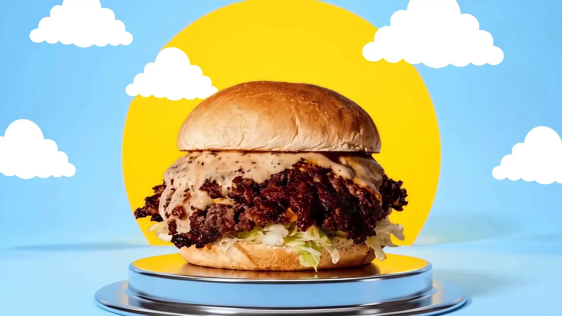 The Burger Shop double smash burger with its signature wings, surrounded by clouds against a blue sky and yellow sun